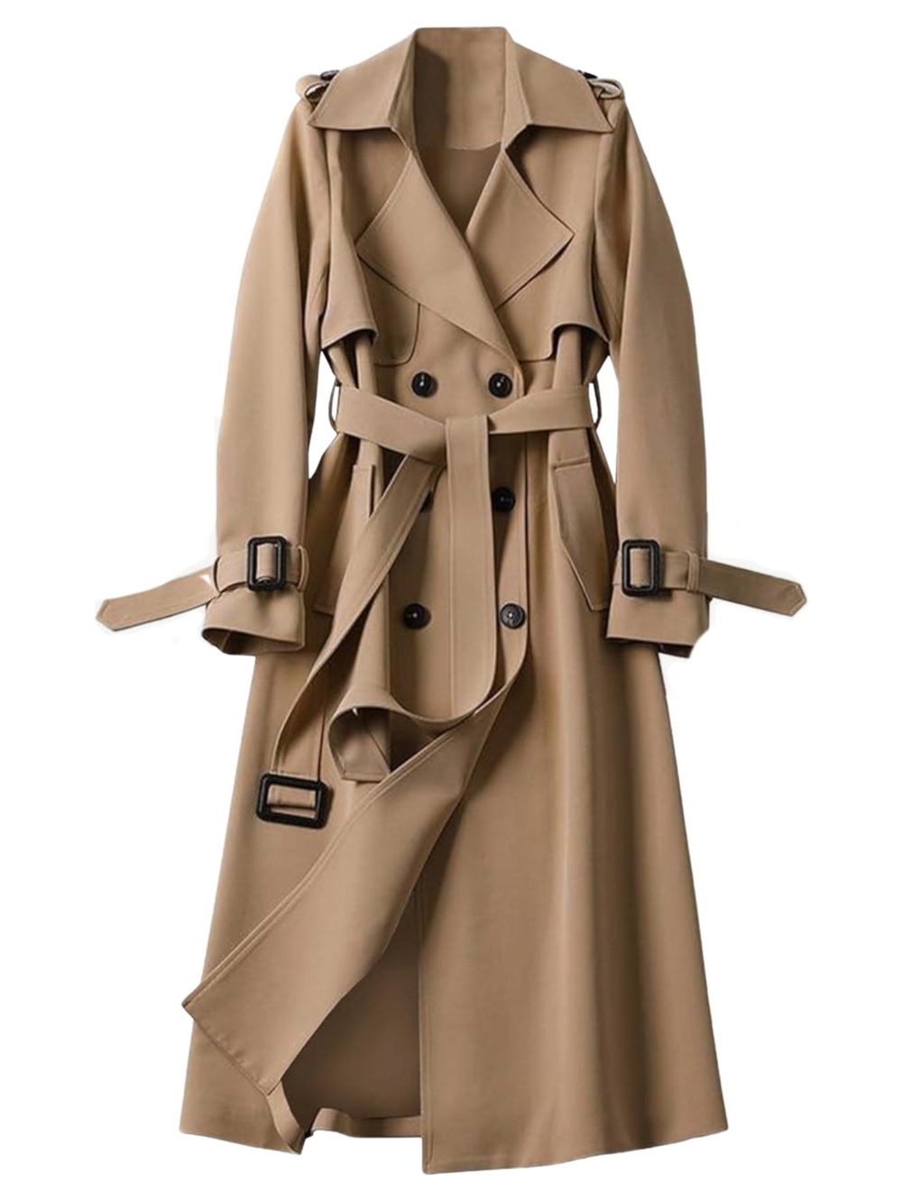 new Classic Double-Breasted Belted Long Camel Trench Coat, Full-Length Overcoat - Picture 2 of 16